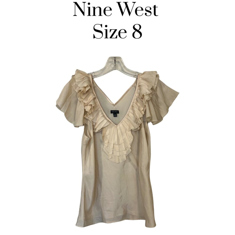 Nine West 100% Silk sleeveless blouse romantic flirty feminine career Cream sz 8